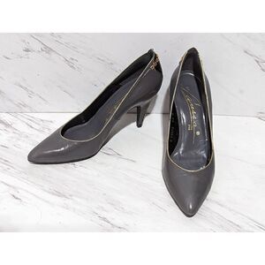Caressa Women's Gray Leather Gold Chain Trim and Black 3"Heel Pump Size 6.5M